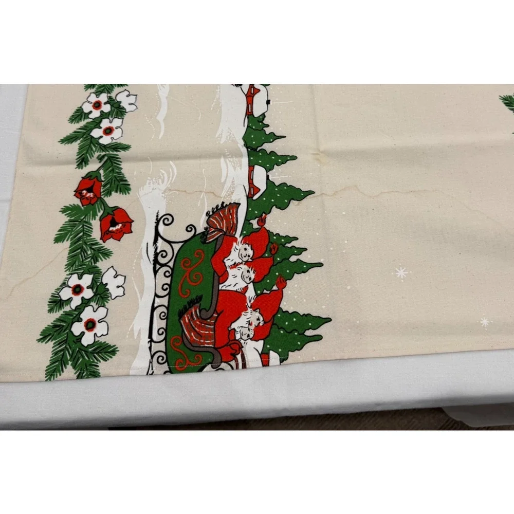 Vtg ALMEDAHLS Swedish Tablecloth Christmas Elves Sleigh Linen 51x69 Rectangle